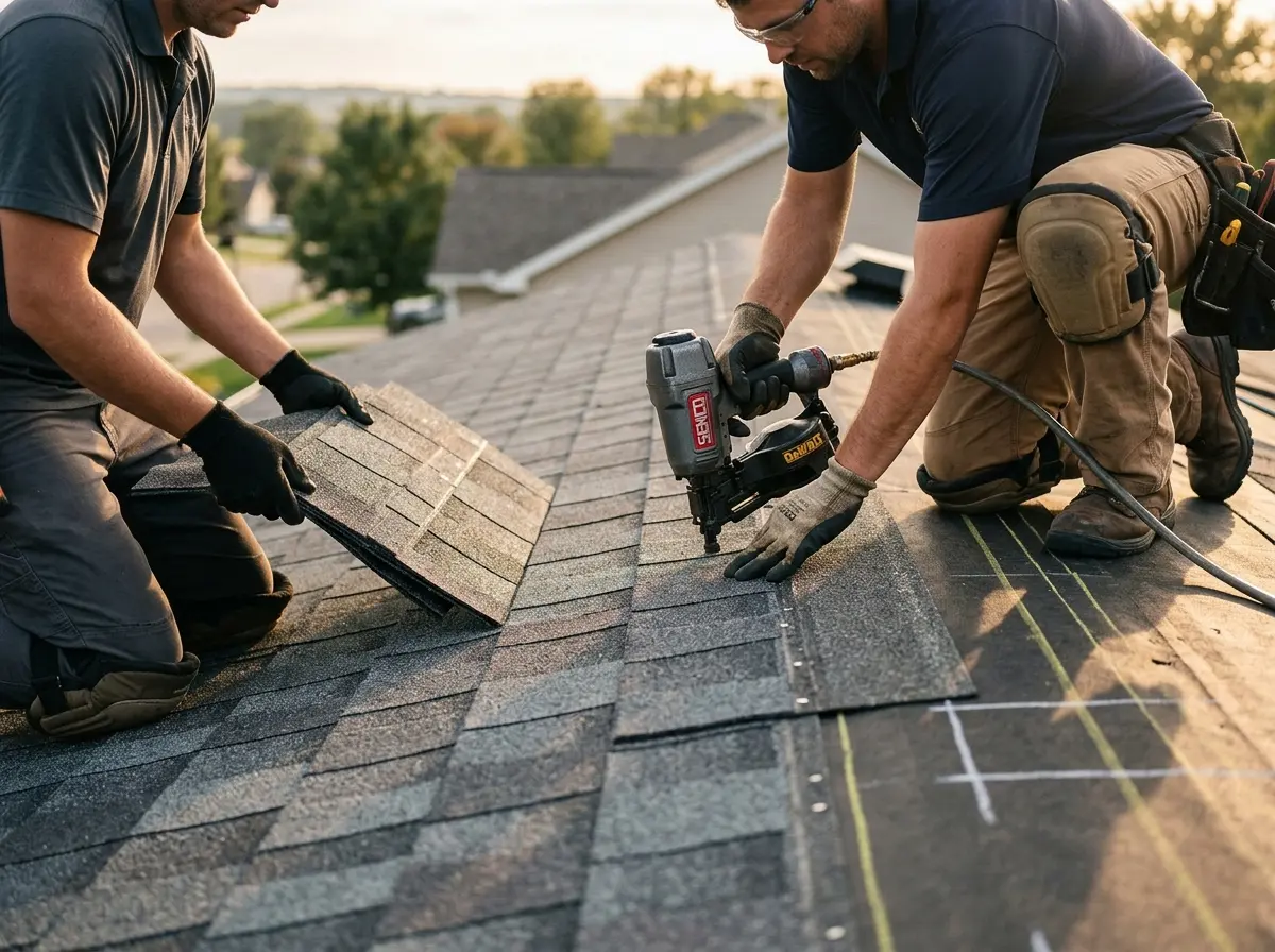 Professional roofer working on a residential roof in Mountainside